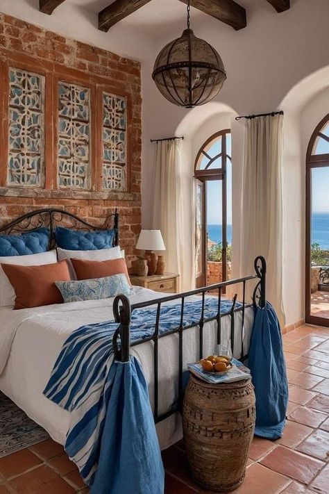 Spanish Style Guest Room, Mediterranean Villa Bedroom, Mediterranean Room Ideas, Rustic Mediterranean Bedroom, Spanish Style Home Interior Master Bedrooms, Spanish Villa Interior Bedroom, Mediterranean Style Bedroom Master Suite, Cozy Mediterranean Home, Bedroom Mediterranean Style