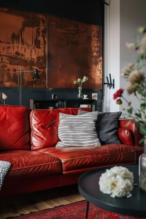 Red Leather Sofa Ideas for Chic Living Rooms Rust Leather Couch Living Rooms, Red Leather Couch Decor, Maroon Leather Couch, Red Leather Sofa Living Room Ideas, Burgundy Sofa Living Room, Red Leather Sofa Living Room, Red Leather Couch Living Room, Red Sofa Living Room Ideas, Red Couch Decor