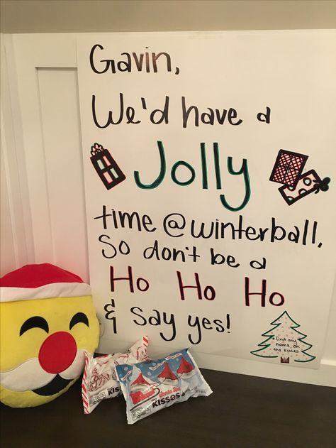 winterball promposal winter christmas funny unique original winter dance holidays santa Winter Ball Sign Ideas, Winters Response Poster, Poster Ideas For High School Dance, Christmas Dance Proposal Ideas, Christmas Dance Asking Ideas, Winter Dance Asking Ideas, Posters For Winter Formal, Winter Ball Asking Ideas, Unique Dance Proposals