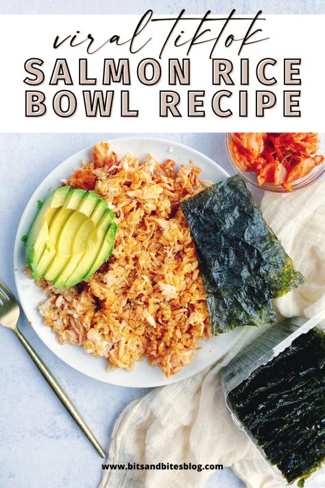 White Rice Salmon Bowl, Salmon Rice Bowl With Seaweed, Salmon Bowls With Seaweed, Salmon Emily Mariko, Emily Salmon Bowl, Salmon Rice Bowl Emily Mariko, Salmon Sticky Rice Bowl, Salmon Rice Bowl Recipes Tiktok, Salmon Rice Seaweed Tiktok