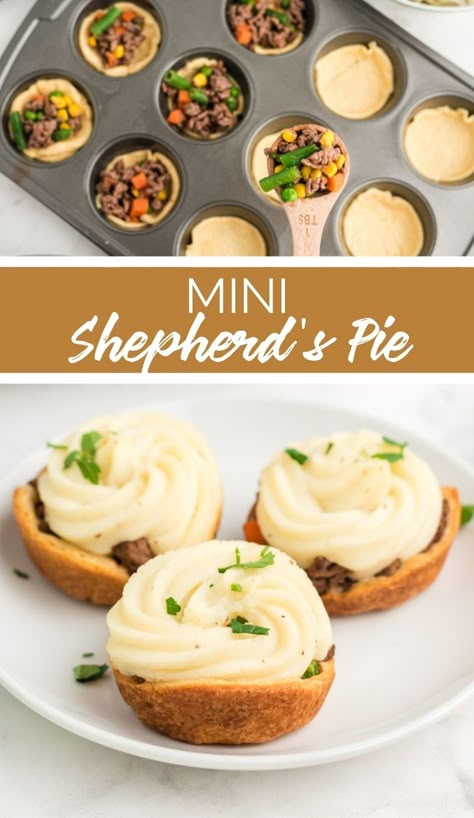 These Mini Shepherd’s Pies have a beautiful golden bottom crust, a delicious savory filling, and a lovely pillow of potato over the top. They’re a tasty treat for St. Paddy’s Day or any day you’re feeling a little Irish. via @familyfresh Shepherds Pie Cups, Mini Sheppards Pie, Shepherds Pie Appetizer, Mini Shepards Pie Muffins, Mini Pie Savory, Mini Cottage Pies, Harry Potter Savory Snacks, Individual Shepherds Pie, Mini Shepherds Pies