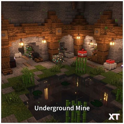 Cool Cave Houses In Minecraft, Inside Cave Houses Minecraft, Minecraft Coal Mine, Mineshaft Ideas Minecraft, Autumn Minecraft Skin, Minecraft Cave Home Interior, Minecraft Underground Animal Farm, Minecraft Cave House Ideas Interior, Cave Enchanting Room Minecraft