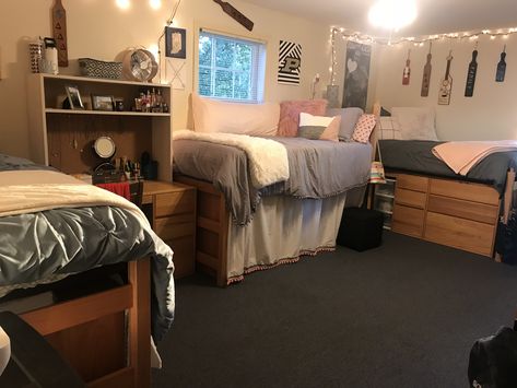 “3-Man” at Purdue Tri Delta College Triple Dorm Room Ideas, 3 Bed Dorm Room Layout, Dorm Room Ideas Triple, 3 Person Dorm Room Ideas, 3 Person Dorm Room Layout, Triple Dorm Room Ideas, Triple Dorm Room, Triple Dorm, Dream Couch