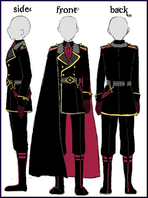 Cape would be a midnight blue, outfit white instead of black Clothes Reference, Clothing Design Sketches, Drawing Anime Clothes, Army Uniform, Military Outfit, Fashion Design Drawings, Military Uniforms, Drawing Clothes, Military Uniform