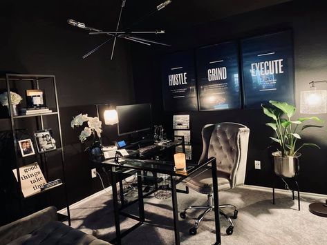 Home Office Black Wall, Office Black Wall, Home Office Black, Office Vibes, Wall Inspiration, Office Black, Her Office, Good Things Take Time, Black Wall