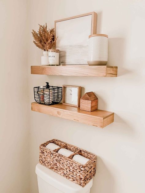 Walmart Plus bathroom decor Neutral Toilet Decor, Bathroom Above Toilet Shelves, Restroom Shelf Decor, Apartment Bathroom Ideas On A Budget, Above The Toilet Shelves, Over Toilet Floating Shelves, Above Toilet Shelving, Guest Bathroom Storage Ideas, Bathroom Shelves Over Toilet Decor Ideas