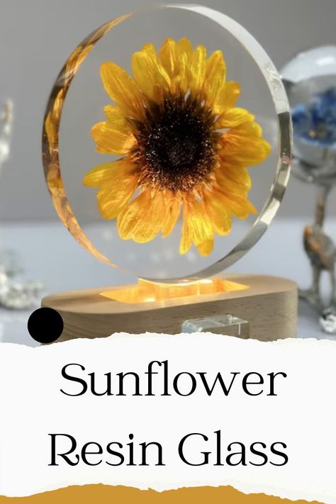 Illuminate your space with the everlasting beauty of our Real Sunflower Block. This Preserved Sunflower creation is a stunning piece of art, meticulously crafted by hand and encased in high-quality resin. The glass sunflower detail adds a touch of elegance to this unique piece, making it a perfect gift that lasts a lifetime. #EternalSunflower #HandmadeGift #ResinArt #SunflowerNightLight #PreservedFlower #GlassArt #HomeDecor #UniqueGifts #NatureInspired #ArtisanCrafted Sunflowers In Resin, Resin Memorial Ideas With Flowers, Sunflower Resin Coaster, Resin Night Light, Resin Flower Lamp, How To Preserve Flowers, Paper Weights, Resin Art, Night Light