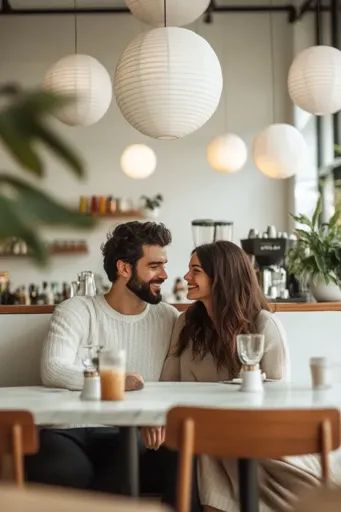 ↑↑↑ Larger size on website 🔸 A couple sits across from each other at a table in a cafe, gazing into each other's eyes. The cafe i Couple Photography Poses At Restaurant, Couple Shoot In Cafe, Couples Cafe Photo Poses, Cute Couple Photos In Cafe, Couple Picture Ideas Sitting, Cafe Couple Photoshoot Ideas, Photo Poses In Restaurant, Cafe Couple Poses, Couple Photography Poses Instagram