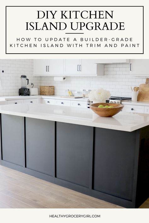 DIY Kitchen Island Upgrade | Healthy Grocery Girl How To Finish A Kitchen Island, Wrap Island Kitchen, Wainscot Kitchen Island, How To Finish The Back Of A Kitchen Island, Back Of Peninsula Ideas, Waynes Coating On Kitchen Island, Add Moulding To Kitchen Island, Black Paint For Kitchen Island, Updating Kitchen Island Diy