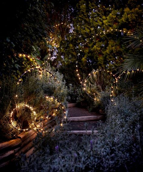 If you’re looking for a quick and affordable way to jazz up your backyard, try your hand at one (or all) of these whimsical lighting ideas to illuminate your outdoor space. Apartment Hacks, Outdoor Fairy Lights, Backyard Lighting, Moon Garden, Have Inspiration, Magical Garden, Garden Cottage, Landscape Lighting, Dream Garden