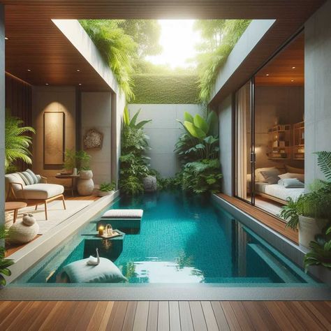 Discover 38 Small Backyard Pool Ideas: Maximizing Your Outdoor Oasis » HomeDecorFull Home Plunge Pool, Swim Spa Small Backyard Ideas, Small Garden Swimming Pool, Pool With Jacuzzi Ideas, Indoor Plunge Pool, Outdoor Pool Area Ideas Backyard Designs, Pool Room Ideas Swimming, Plung Pools, Backyard Herb Garden Ideas