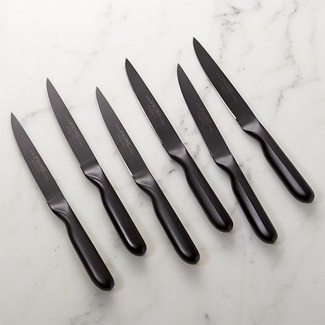 Prime ™ by Chicago Cutlery ® Black Oxide 6-Piece Steak Knife Set | Crate and Barrel Cooking Knife Crate And Barrel, Steak Knife, Professional Knife Set, Wood Kitchen Accessories, Butcher Knife Set, Steak Knives Set, Chef Knives Set, Wusthof Knives, Kitchen Pans