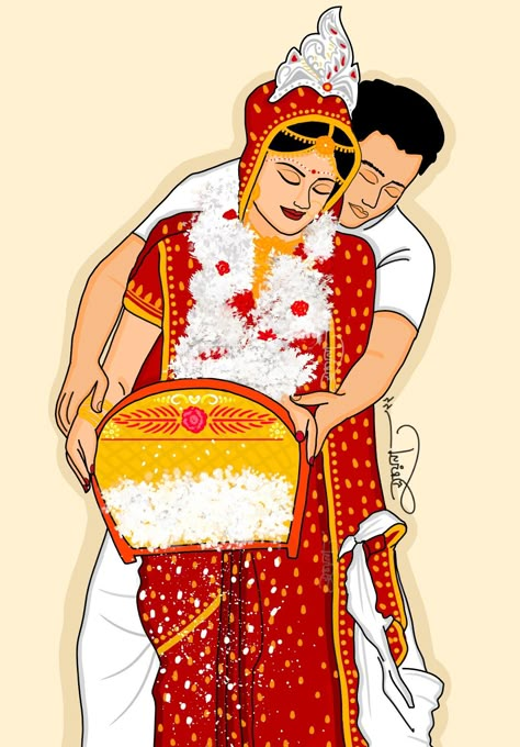 Khoi Fela Bengali Wedding Couple Cartoon, Bengali Bride Cartoon, Bengali Bride And Groom Cartoon, Bengali Bride Illustration, Bengali Wedding Painting, Bengali Wedding Illustration Art, Bengali Bride Drawing, Bengali Bride Groom Illustration, Bengali Couple Illustration Drawing