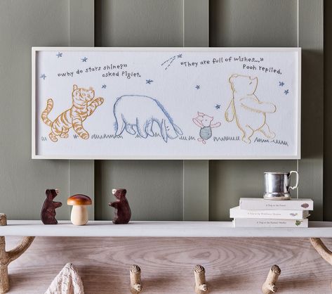 disney-winnie-pooh-embroidered-art Literature Themed Nursery, Subtle Winnie The Pooh Nursery, Baby Nursery Winnie The Pooh, Winnie The Pooh Bedroom Ideas, Simple Winnie The Pooh Nursery, Disney Boy Nursery, Nursery Ideas Winnie The Pooh, Storybook Nursery Theme, Winnie The Pooh Embroidery