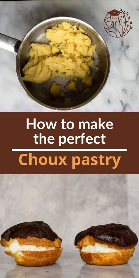 You can find choux pastry in all shapes and sizes. Small round choux buns, to make profiteroles, or large ones to make Bosche bollen. Eclairs are made using a long, narrow version. You can use a lot of small buns to make a croquembouche. Keep in mind, there is a limit to the size of your choux pastry. To make choux pastry you first have to cook the pastry, before baking it in the oven. This two-step process is crucial for creating those large air pockets. Baking tips and hacks. Shu Pastry Recipe, Shoe Buns Pastry, Pata Choux Recipe, Patashue Pastry, Choix Pastry, Canadian Baking Show Recipes, Pate A Choux Recipe, Choux Pastry Recipe, Canadian Baking