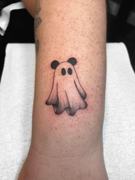 Mickey Mouse Pumpkin Tattoo, Ghost With Mickey Ears, Mickey Mouse Halloween Tattoo, Small Disney Halloween Tattoos, Halloween Mickey Tattoo, Mickey Pumpkin Tattoo, Mickey Ghost Tattoo, Disney Ghost Tattoo, Halloween Disney Tattoos