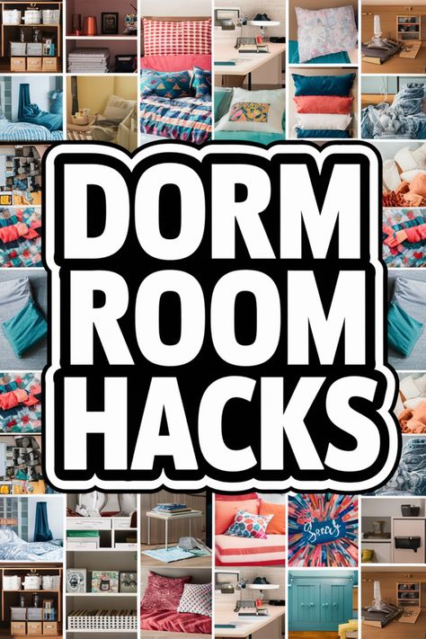 Dorm room hacks collage featuring various storage and decorating ideas. Diy Dorm Room Decor Ideas, Roommates Aesthetic, Dorm Rooms Ideas, Ikea Dorm, Dorm Storage Ideas, Dorm Room Chairs, Small Living Area, College Dorm Organization, Dorm Hacks