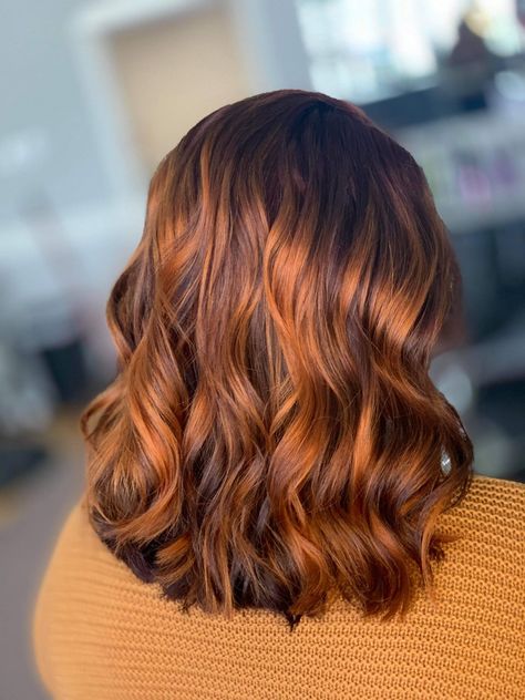 Burnt Orange Brown Hair, Copper Brown Hair Mid Length, Light Orange Brown Hair, Brown Hair With Orange Highlights, Brown Orange Hair, Burnt Orange Hair Color, Copper Orange Hair, Copper Highlights On Brown Hair, Orange Brown Hair