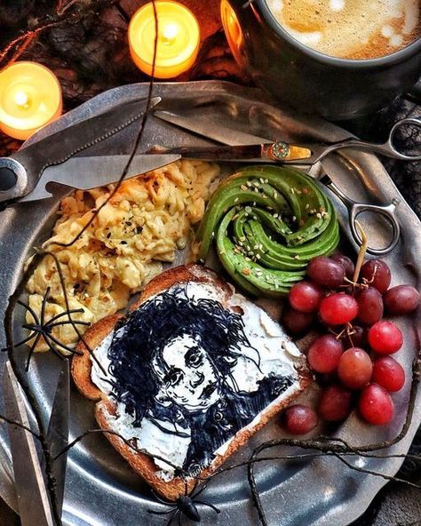 Halloween Breakfast Aesthetic, Gothic Food, Vintage Aesthetic Decor, Horror Movie Night, Halloween Breakfast, Spooky Snacks, Breakfast Photo, Witchy Aesthetic, Witches Brew