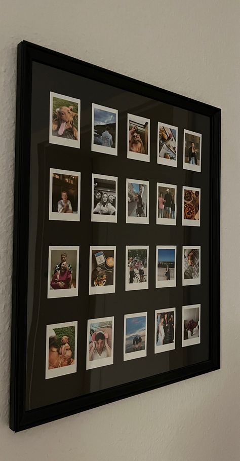 Framed Polaroid Pictures, Polaroid In Room Ideas, Small Photos On Wall, Room Decor Frame Ideas, Hanging Up Polaroids, Wall Decor Living Room Apartment Picture Frames Black And White, Polaroid Pictures In Frame, Frame With Polaroid Pictures, Room Decor Ideas Polaroid