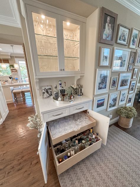 Upper Cabinets In Dining Room, Liquor Cabinet Storage, Built In Buffet Cabinet With Wine Fridge, Built In Wine Glass Cabinet, Built In With Cabinets And Shelves, Bar In Entryway, Small Built In Wine Bar, Pantry With China Cabinet, Bar Cabinet Drawer Ideas