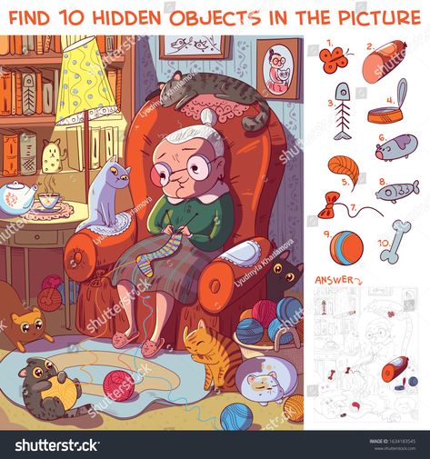 Find 10 hidden objects in the picture. Grandmother sitting on the armchair and knits socks surrounded by her cats. Puz #Ad , #AFFILIATE, #sitting#Grandmother#knits#armchair Hidden Picture Games, Hidden Object Puzzles, Find The Hidden Objects, Hidden Picture Puzzles, Hidden Object Games, Funny Cartoon Characters, Hidden Words, Hidden Pictures, Hidden Objects