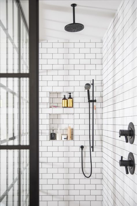 White Tile Showers, Industrial Design House, Subway Tile Shower Niche, Floor Decor Ideas, Apartment Above Garage, Bathroom Shiplap, Black White Tile, Glass Tile Shower, Patterned Bathroom