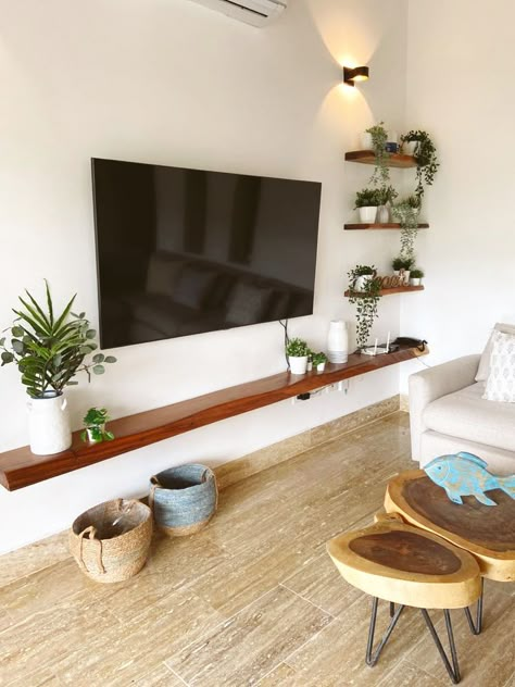 Tv Wall Side Shelves, Tv Under Floating Shelf, Long Floating Shelf Under Tv, Shelf Under Tv On Wall Living Room, Floating Tv Living Room Ideas, Diy Floating Shelves Tv Stand, Tv On Floating Shelf, Wall Shelves Living Room Around Tv, Living Room Tv Wall Floating Shelves