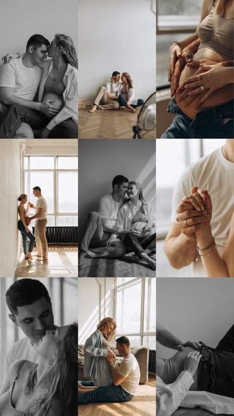 Bed Maternity Pictures With Husband, Pictures To Take When Pregnant, Pregnant Couples Photoshoot, Couples Indoor Maternity Shoot, Playful Maternity Shoot, Maternity Photo Shoot White Button Up, Maternity Pictures Bedroom, Couples Maturity Photoshoot, Studio Maternity Shoot Plus Size