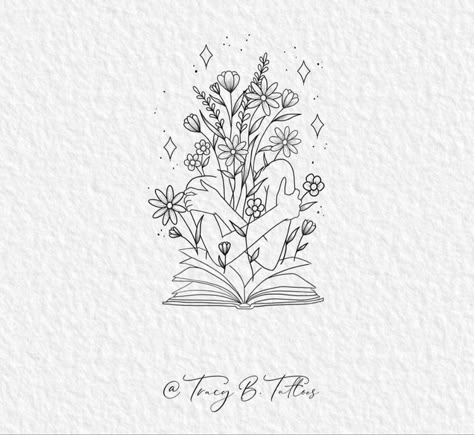 Woman With Book Tattoo, Unique Minimalist Tattoo Self Love, Books And Flowers Tattoo Design, Book Readers Tattoos, Whimsical Feminine Tattoo, Tattoos About Rising Up, Birthflower November Drawing, Woman Book Tattoo, Fine Line Tattoo Bookish