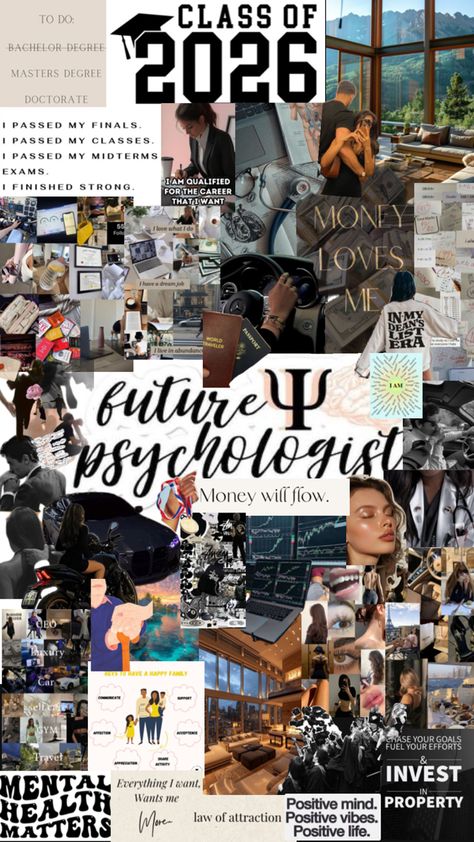 As a psychology student, I made this vision board for manifestation and of course for achieving the life that I want, that’s why I made this to motivate myself. Motivate Myself, Psychology Courses, Vision Board Party, Psychology Student, Finish Strong, Life Vision Board, Vision Board Manifestation, Bachelors Degree, Family Car