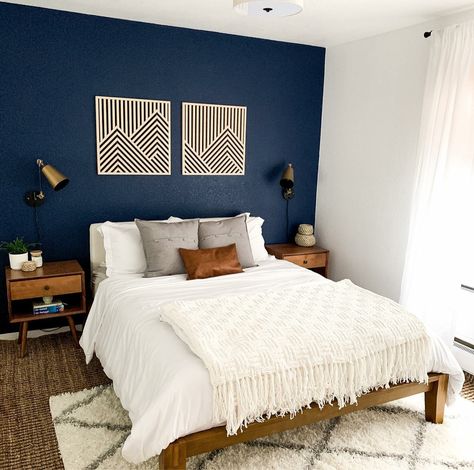 Navy Bedrooms, Navy Blue Bedrooms, Blue Bedroom Walls, Blue Bedroom Design, Blue Accent Walls, Blue Bedroom Decor, Accent Wall Bedroom, Blue Rooms, Master Bedrooms Decor