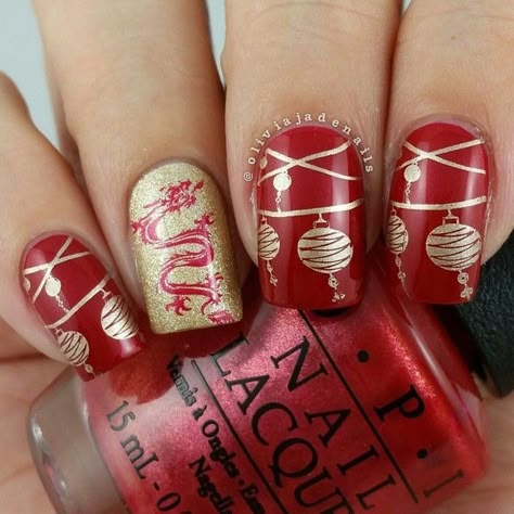 Lunar New Year Nails Dragon, Cny Nail Art, Chinese New Year Nail Art, Dragon Nail Art, Lunar New Year Nails, Chinese New Year Nails, Chinese New Year Nail, Cny Nails, Holiday Nails Glitter