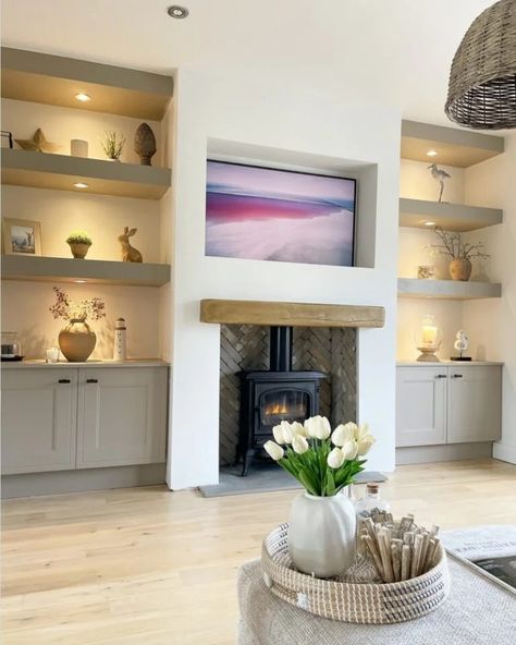 Wood Burner And Tv Wall, Wood Burner On Flat Wall, Log Burner Extension, Log Burners Ideas, Tv Stove Wall, Log Burner Fireplace Ideas Living Rooms, Living Room Media Wall With Fire, Log Burner In Media Wall, Tv Stand Next To Fireplace Ideas