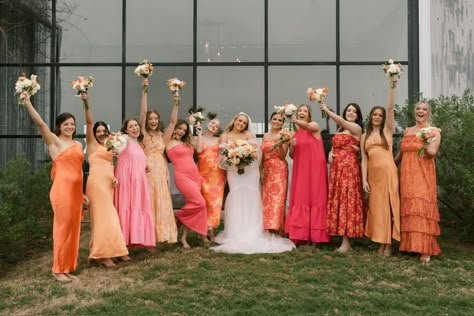 Sunset Bridal Party Colors, Sunset Pink Bridesmaid Dresses, Mismatch Orange Bridesmaids, Pink And Orange Bridesmaid Dress, Summer Orange Bridesmaid Dresses, Pink Orange Red Bridesmaids, Spring Pink Bridesmaid Dresses, Bridesmaids Sunset Colors, Pink And Orange Wedding Theme Bridesmaid Dresses