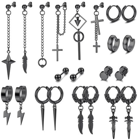 PRICES MAY VARY. 🗡22 PCS MEN’S EARRINGS🗡-- Contains Hoop Earrings, Hoop Dangle Earrings, Stud Earrings And Stud Earrings With Chain. This Set Of Unisex Earrings Are Equipped With Novel Crosses, Feathers, Lightning, Swords, Dumbbells, Chains And Other Fashionable Elements. It Is A Trendy Accessory You Can’t Miss. 🌌CROSS DANGLE EARRINGS SIZE🌌--These Hoop Dangle Earrings Come In Different Sizes, Hoop Earrings Bar 18 Gauge=1.0mm, Stud Earrings Bar Guage:0.8mm(20g). And Other Size Details Have Be Nails Pendant, Kpop Earrings, Unisex Earrings, Earrings For Men, Stainless Steel Hinges, Small Earrings Studs, Hanging Earrings, Xmas Ideas, Black Earrings