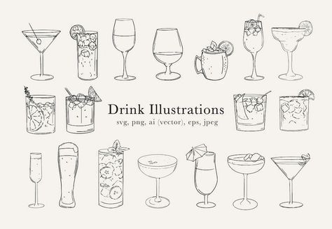 A set of colorful cocktail illustrations, perfect for bringing energy and style to bar and restaurant menus. Old Fashioned Drink Tattoo, Moscow Mule Drawing, Cocktail Drawing Simple, Cocktail Glass Drawing, Cute Drink Drawings, Cocktail Journal, Mule Drawing, Canva Clipart, Drink Sketch