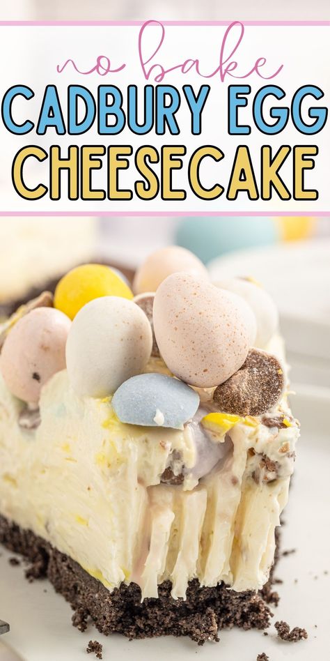 Use up those mini Cadbury chocolate covered eggs and make this Easter Egg Cheesecake. An Oreo crumb cookie crust, filled with a creamy and smooth no bake cheesecake filling, and topped off with mini Cadbury eggs. You'll love how easy it is to make this No Bake Easter Cheesecake. Cadbury Egg No Bake Cheesecake, No Bake Easter Cheesecake Recipes, Easy Easter Cheesecake Recipes, Cadbury Cheesecake No Bake, Cadbury Easter Egg Cheesecake, No Bake Cadbury Mini Egg Cheesecake, Easy Easter Party Food, No Bake Mini Egg Cheesecake, Easter No Bake Cheesecake