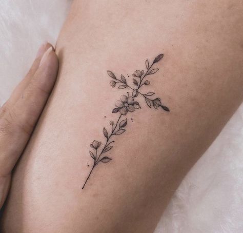 Wrist Tattoos With Words, Everything Happens For A Reason Tattoo Flowers, Cross Made Out Of Flowers Tattoo, Dainty Cross With Flowers Tattoo, Danty Tattoos Women Wrist, Cross Made Of Roses Tattoo, Cross On Ribs Tattoo For Women, Christian Vine Tattoos For Women, Cross Of Flowers