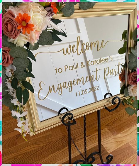 Looking for unique wedding signs ideas to add a special touch to your big day? Check out these 6 creative wedding signs that will make your wedding day even more memorable. From welcome signs to seating charts, these tips will help you create the perfect ambiance for your special day. Welcome To The Engagement Party Sign, Brunch Engagement Party Decor, Engagement Party Welcome Sign Acrylic, Engagement Decore Ideas, Table Engagement Decoration, Engagement Party Outside Decor, Engagement Dinner Party Decor, Mirror Welcome Sign Engagement, Engagement Party Signs Diy