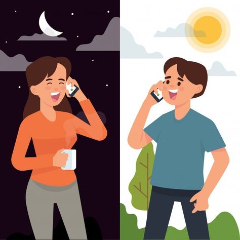 Couple having phone call in different ti... | Premium Vector #Freepik #vector #coffee #people #heart #love Call Couple, Eagle Pictures, Phone Cover Design, Call Art, Photo To Cartoon, Pictures Of People, Cartoon Images, Couple Cartoon, Phone Call