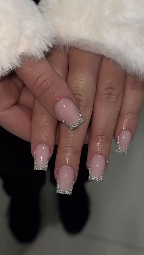 Square Sparkle French Tip, Short Square Glitter French Tip Nails, Square Nye Nails, Winter Nails Biab, Sparky French Tip, Sparkle Tips Acrylic Nails, Square Glitter French Nails, Prom Short Nails, Silver Sparkly French Tip Nails