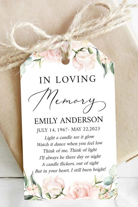 Celebration of life Blush Pink Funeral Favor Tag Template, Memorial Candle Favor Tag, Pink In Loving Memory Favor Tag, Funeral Keepsake Memorial Favors, In Loving Memory Gifts, Candle Favor, Blush Pink Roses, Favour Tags Template, Memorial Cards, Flower Gift Ideas, Memorial Candle, Candle Favors