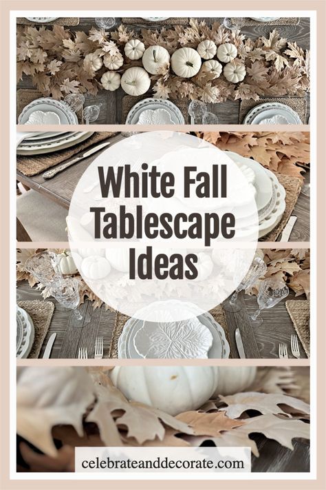 white fall tablescape ideas White Pumpkin Arrangements, White Pumpkin Tablescape, How To Create A Tablescape, White Fall Tablescapes, White Thanksgiving Tablescapes, White Pumpkin Decorating Ideas, Fall Table Scapes Ideas, Hoco Brunch, Elegant Thanksgiving Table Setting Ideas