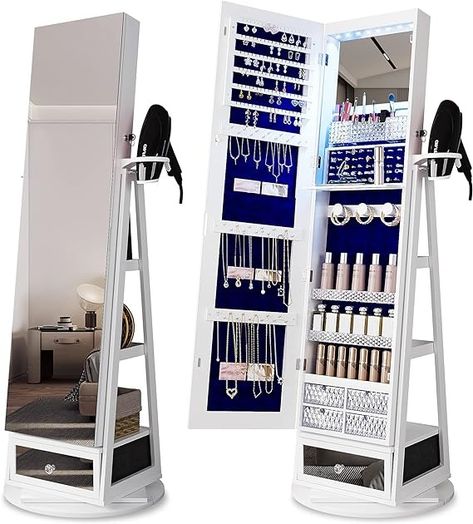 Amazon.com: HNEBC 360° Rotating Jewelry Cabinet with Lights, 63"H Standing Jewelry Armoire Organizer with Mirror, Full Length Mirror with Jewelry Storage, Lockable Lagre Jewelry Organizer Stand for Wonen (White) : Clothing, Shoes & Jewelry Mirror With Jewelry Storage, Mirror Full Length, Jewelry Armoires, Mirror Jewelry Storage, Jewelry Organizer Stand, Standing Jewelry Armoire, Mirror Jewellery Cabinet, Large Jewelry Box, White Clothing