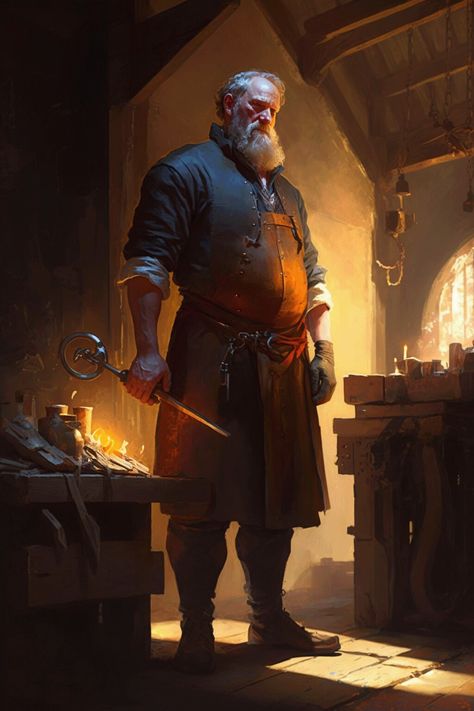 Blacksmith Pose, Anime Blacksmith, Blacksmith Character Design, Dnd Blacksmith, Fantasy Blacksmith, Dnd Portraits, Eternally Yours, Caracter Design, Color And Light