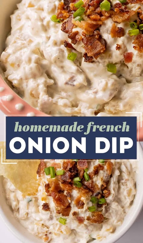 Once you try homemade french onion dip, you'll never want dip made from a packet again! Rich and creamy, with plenty of sweet golden brown caramelized onions and savory bacon pieces. It's the perfect dip for a party, and great to make ahead! French Onion Chip Dip, Onion Chip Dip, French Onion Dip Recipe, Homemade French Onion Dip, Chip Dip Recipes, Onion Dip Recipe, Homemade Dips, French Onion Dip, Onion Dip