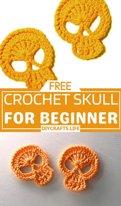 Crochet Halloween Skull Patch or Applique Patterns - DIY Crafts Scull Crochet Pattern, Crochet Skull Earrings Free Pattern, Knitted Skull Pattern, Skull Applique Crochet Free Pattern, Crochet Skull Earrings, Very Beginner Crochet, Halloween Easy Crochet, Crochet Halloween Applique Patterns Free, Crochet Skull Free Pattern