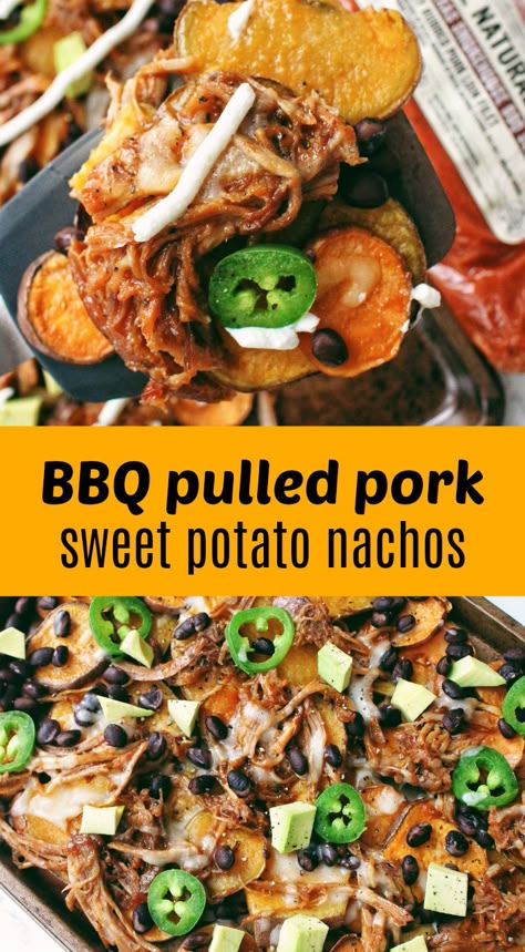 Pulled Pork Sweet Potato Bowl, Bbq Pork Sweet Potato, Pulled Pork Sweet Potato Nachos, Pulled Pork And Sweet Potato Recipes, Sweet Potato Pulled Pork, Pork Sweet Potato Recipes, Pulled Pork Sweet Potato, Pork And Sweet Potato Recipes, Healthy Pulled Pork