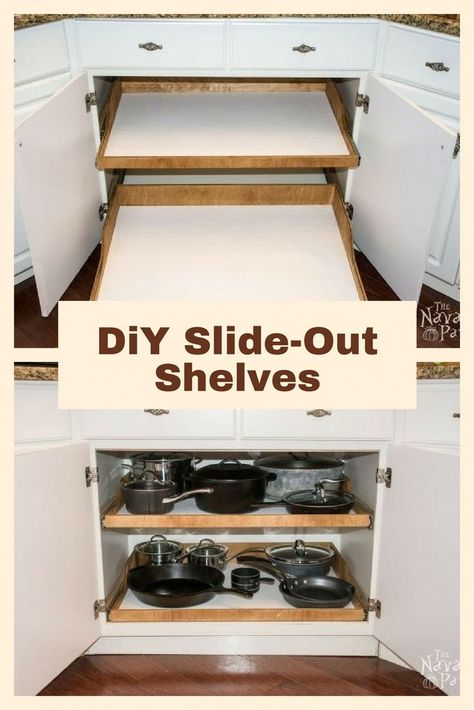 DiY Slide-Out Shelves - A husband and wife want more kitchen cabinet space, but instead of simply decluttering they do THIS! #diykitchen Cheap Kitchen Makeover, Diy Slides, Kitchen Diy Ideas, Diy Kitchen Ideas, Slide Out Shelves, Kitchen Makeover Ideas, Best Kitchen Cabinets, Kitchen Diy Makeover, Diy Kitchen Decor